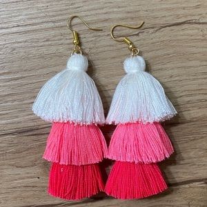 3 Layer Tassel Earrings Stacked 2.5” Pink White Layered Dangle